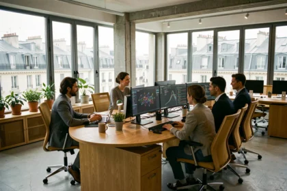 Équipe de professionnels collaborant dans un bureau moderne parisien avec des écrans affichant des interfaces d'intelligence artificielle