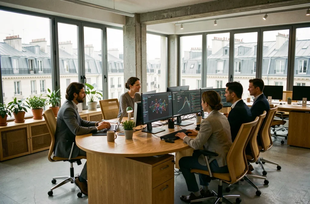 Équipe de professionnels collaborant dans un bureau moderne parisien avec des écrans affichant des interfaces d'intelligence artificielle