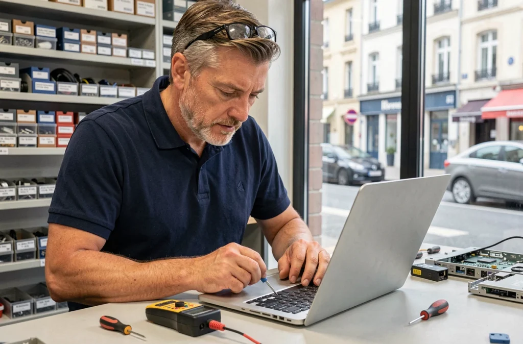 Technicien diagnostiquant un ordinateur portable dans un atelier de dépannage informatique à Rouen