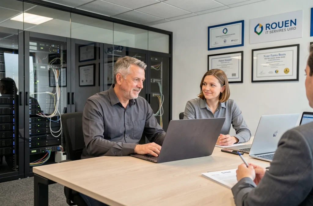 Prestataire informatique en consultation avec un client dans les bureaux d'Atlantis-PC à Rouen