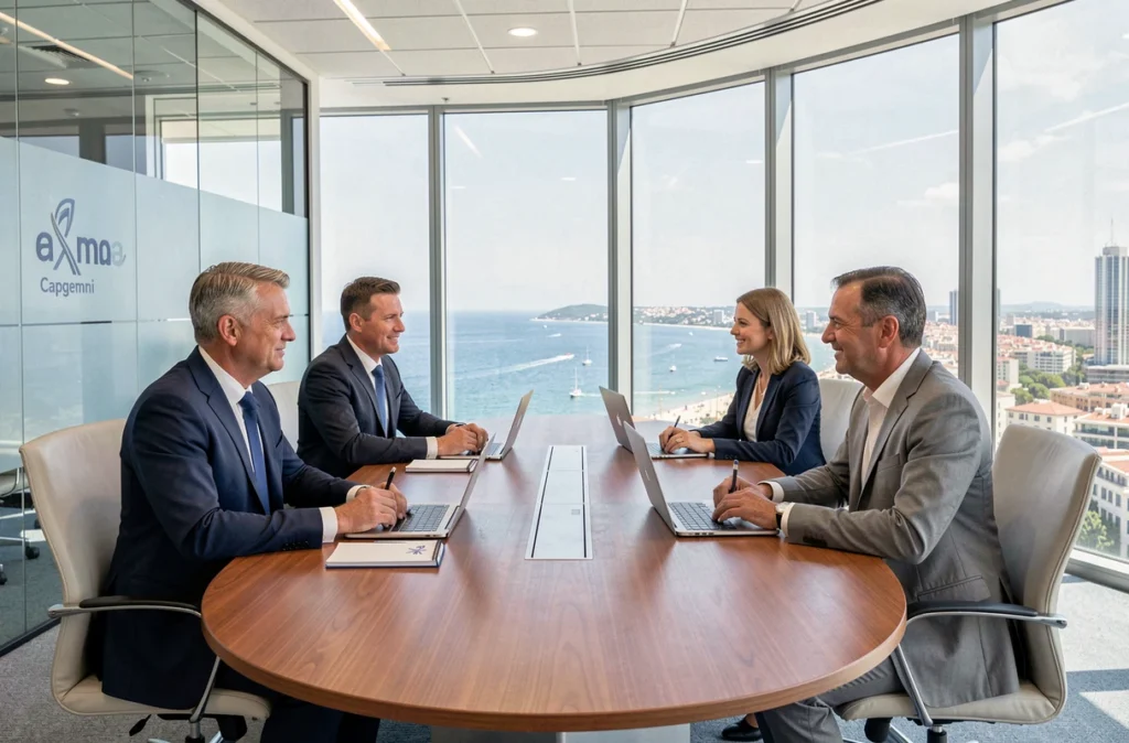 Réunion stratégique de consultants Capgemini dans une salle de conférence moderne avec vue sur la côte méditerranéenne en PACA