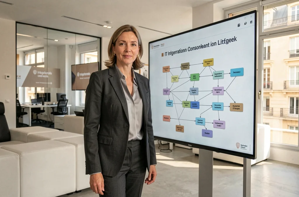 Consultante CGI présentant un schéma d'intégration IT dans un bureau moderne en région PACA