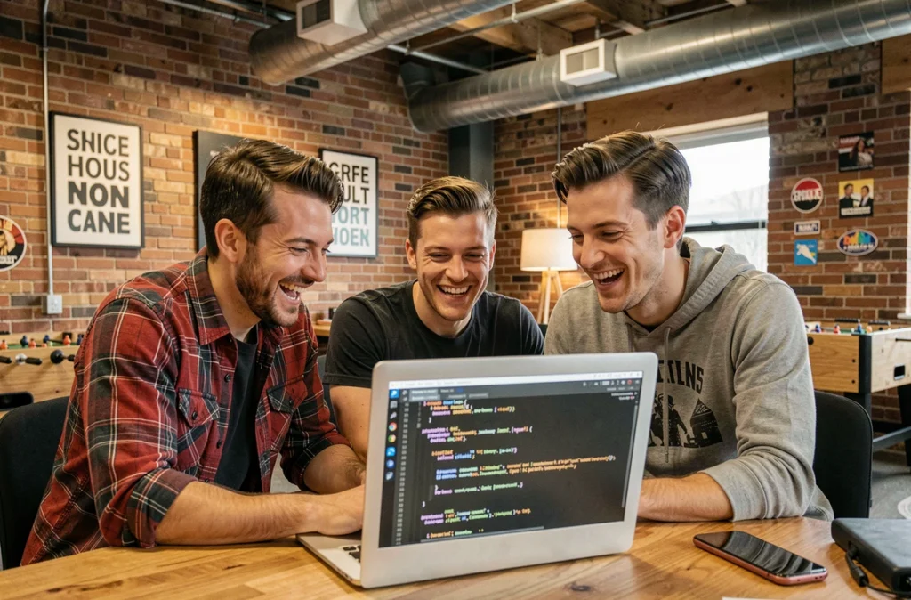 Équipe de développeurs Code-Troopers en train de revoir du code ensemble dans un bureau startup décontracté et dynamique