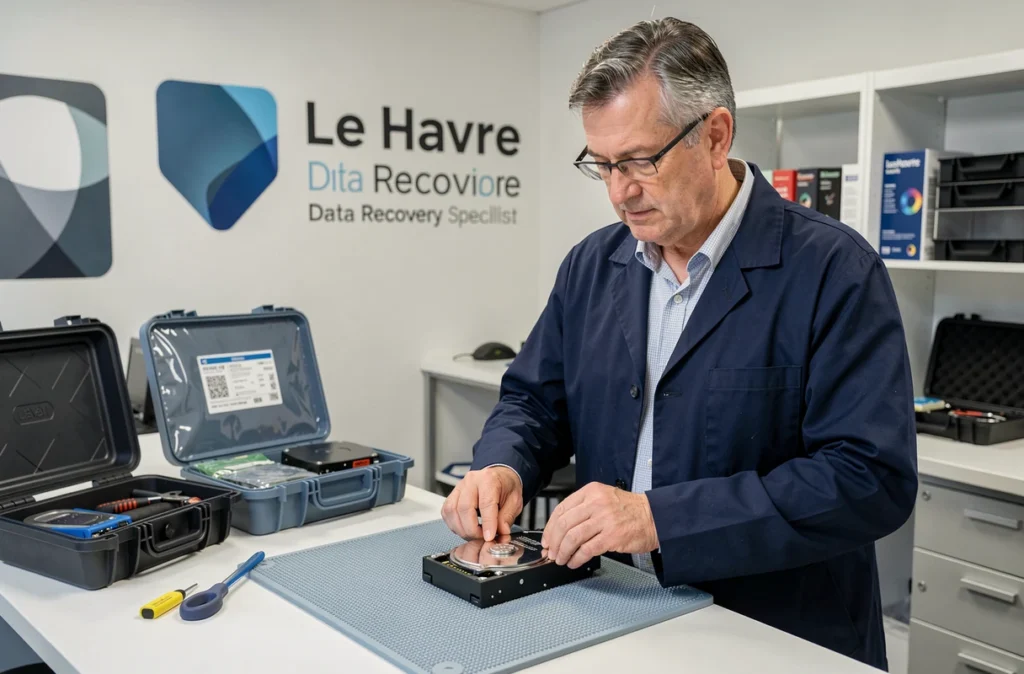 Technicien spécialisé en récupération de données manipulant un disque dur dans l'atelier Data'Mac au Havre