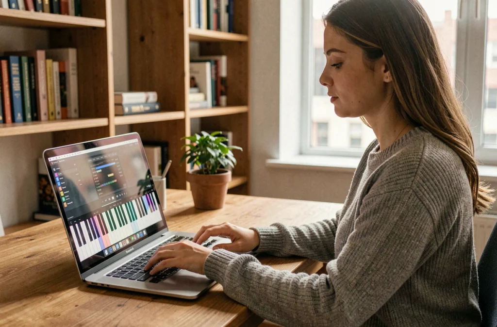 Jeune femme jouant un piano virtuel sur ordinateur portable dans un bureau cosy à la maison