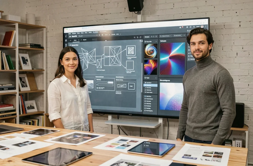 Deux professionnels de Fragments Studio devant un écran interactif affichant des prototypes de logiciels et de l'art génératif