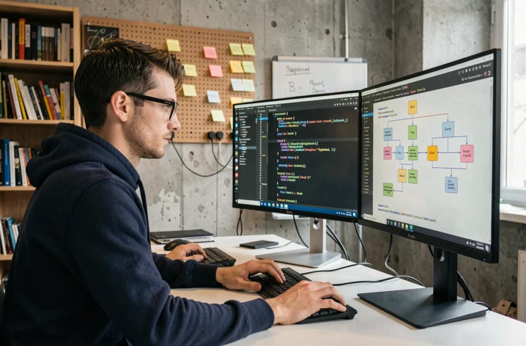 Développeur logiciel travaillant sur du code Python et des architectures d'IA sur mesure dans les bureaux parisiens de Galadrim
