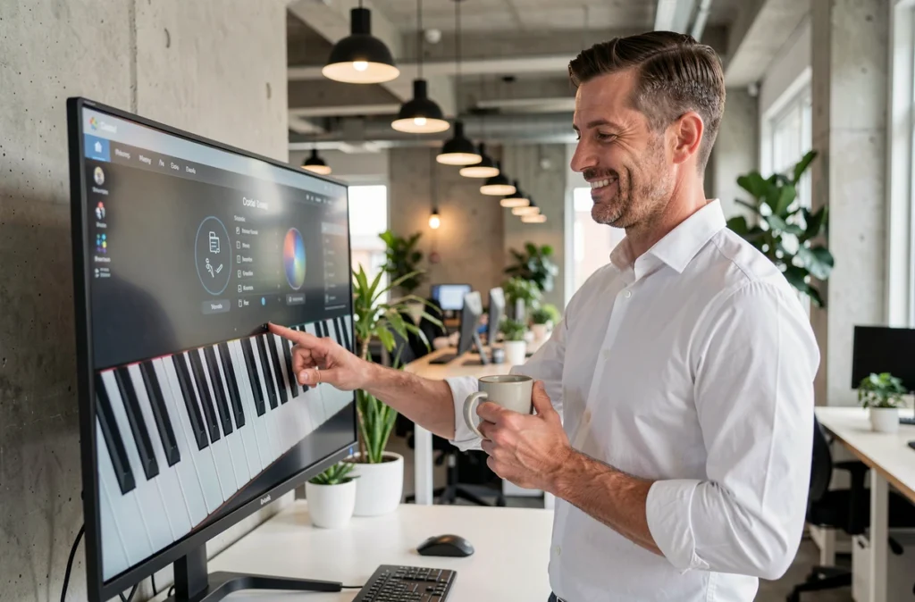 Homme jouant un piano virtuel sur grand écran dans un espace de coworking moderne