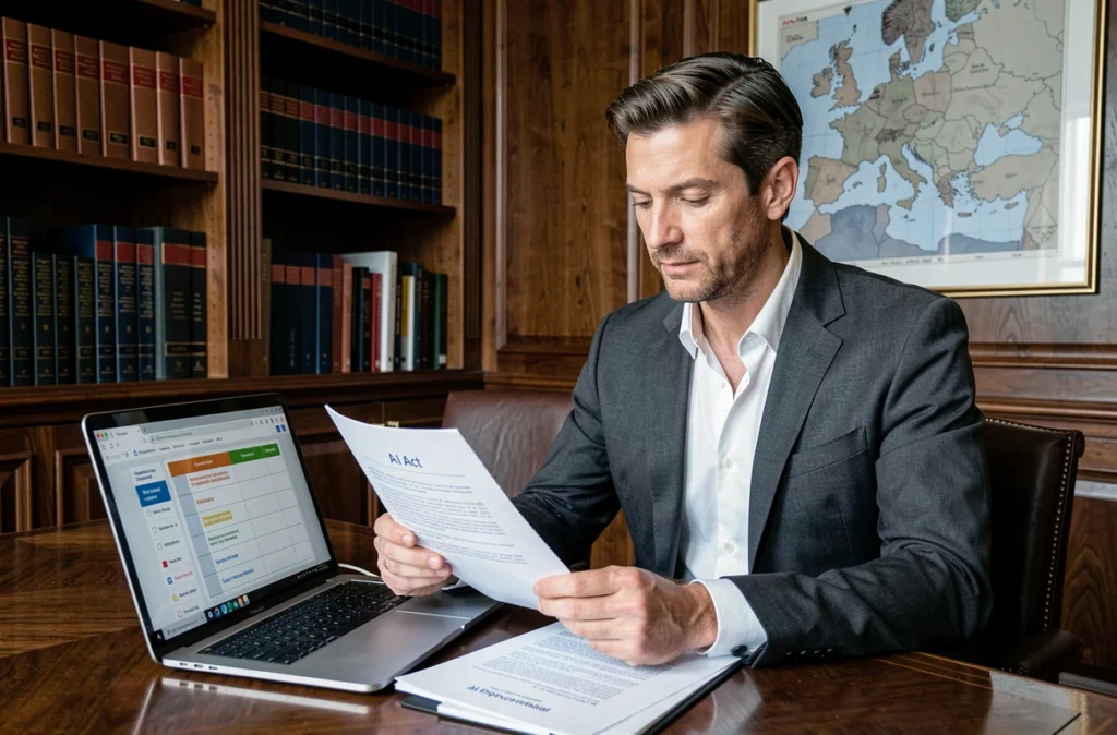 Consultant de Juwa examinant des documents de conformité AI Act et un calendrier de déploiement IA dans un bureau parisien formel