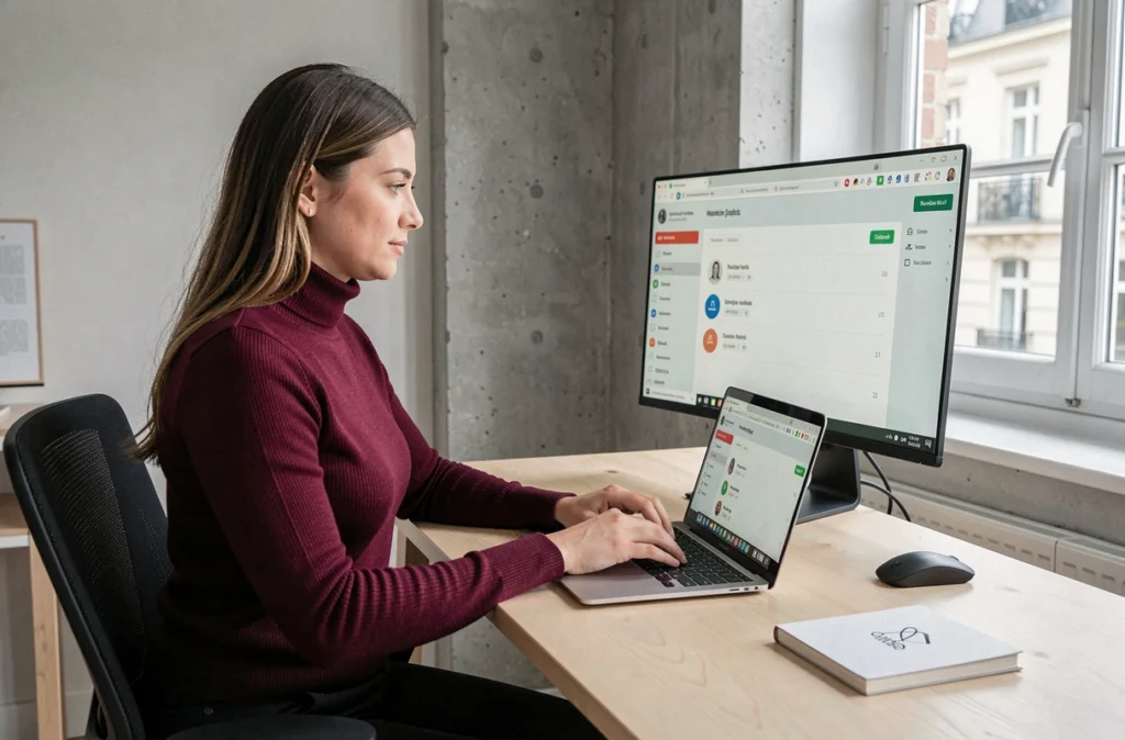 Développeuse full-stack de KERNL travaillant sur une application SaaS dans un bureau minimaliste moderne