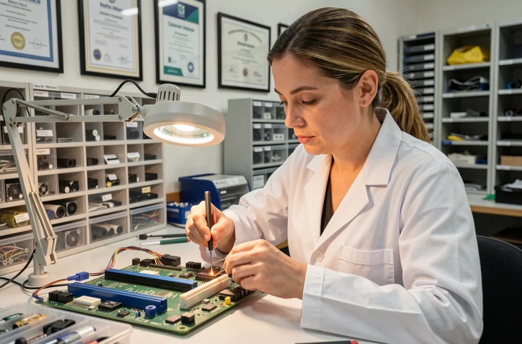 Technicienne réparant une carte mère dans une boutique de réparation d'ordinateurs à Rouen