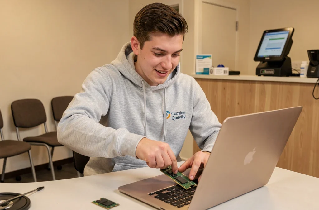 Jeune technicien remplaçant une barrette de RAM dans un ordinateur portable chez L-it Services au Petit-Quevilly