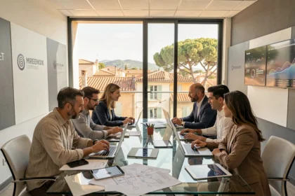 Équipe de consultants IT en région Provence-Alpes-Côte d'Azur collaborant dans un espace de travail moderne avec vue sur une ville méditerranéenne