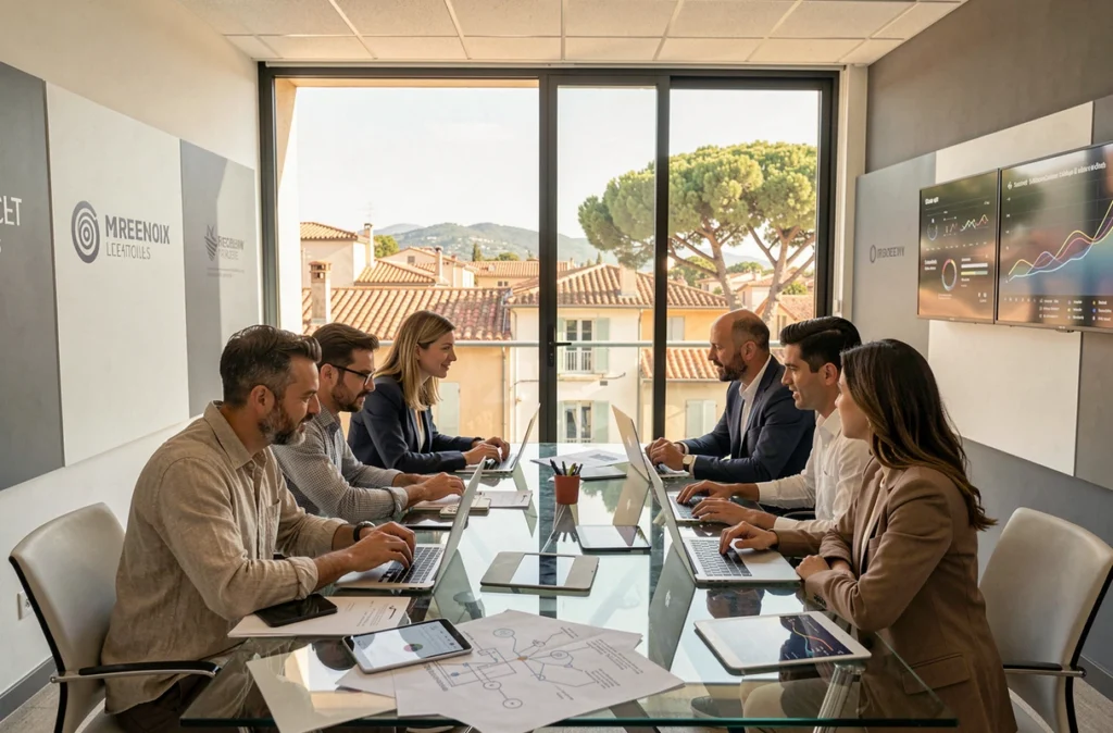 Équipe de consultants IT en région Provence-Alpes-Côte d'Azur collaborant dans un espace de travail moderne avec vue sur une ville méditerranéenne