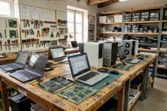 Atelier de réparation informatique en Seine-Maritime avec plusieurs techniciens travaillant sur des ordinateurs ouverts