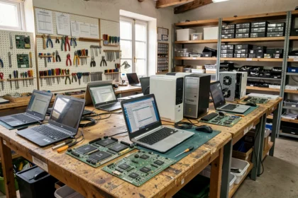 Atelier de réparation informatique en Seine-Maritime avec plusieurs techniciens travaillant sur des ordinateurs ouverts