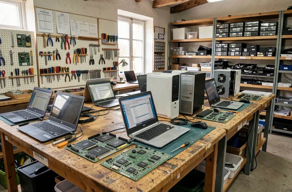 Atelier de réparation informatique en Seine-Maritime avec plusieurs techniciens travaillant sur des ordinateurs ouverts