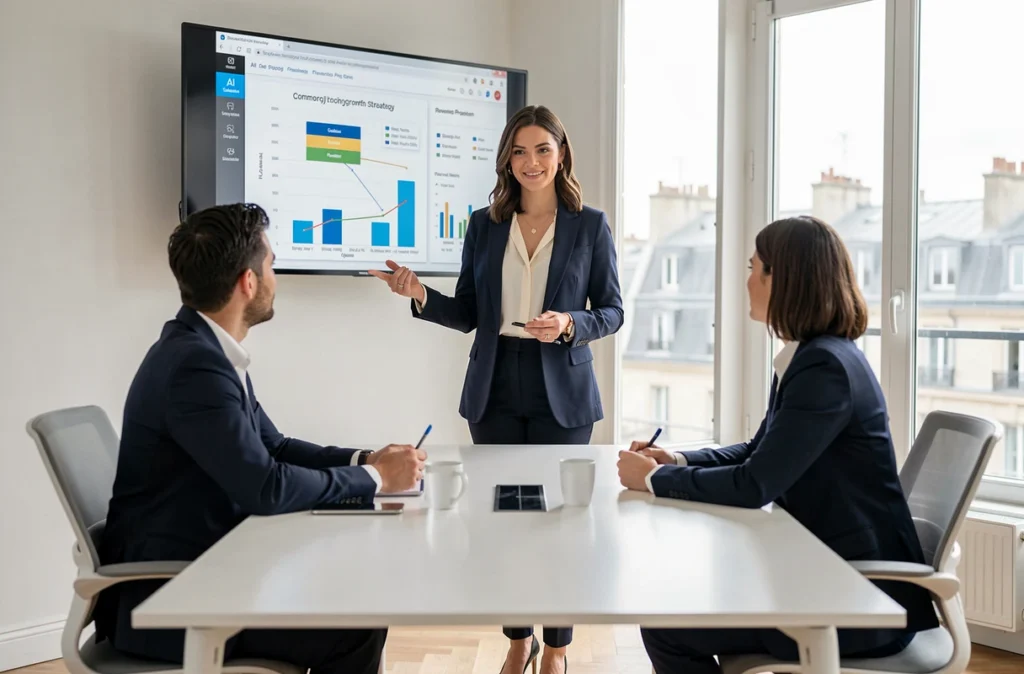 Consultante de Million Marketing présentant une stratégie commerciale basée sur l'IA à des clients dans une salle de réunion parisienne