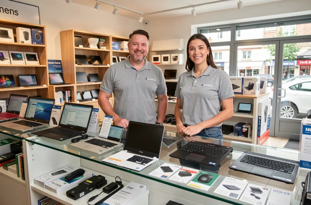 Équipe de techniciens dans la boutique Multitech de vente et réparation informatique à Rives-en-Seine