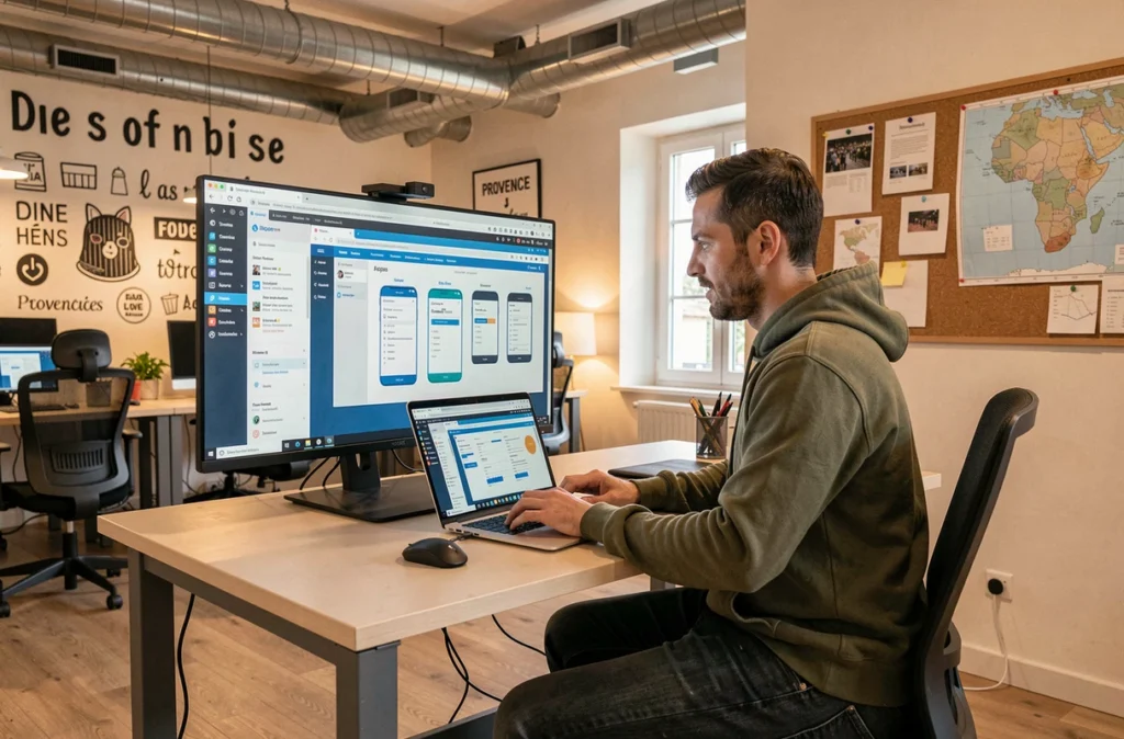 Développeur web et mobile de Net Invaders travaillant sur une application dans un bureau tech moderne en région Sud