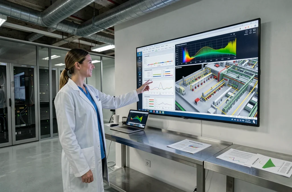 Data scientist de Novity analysant des données industrielles et des modèles de maintenance prédictive sur un écran mural