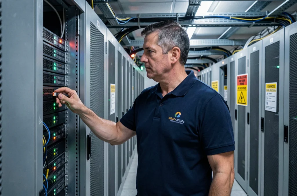 Ingénieur réseau d'Orange Business inspecte des infrastructures numériques dans un data center en région Sud