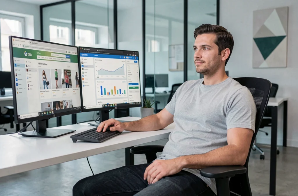 Designer UX de l'agence Oroya analysant un tableau de bord e-commerce sur deux écrans dans un bureau moderne