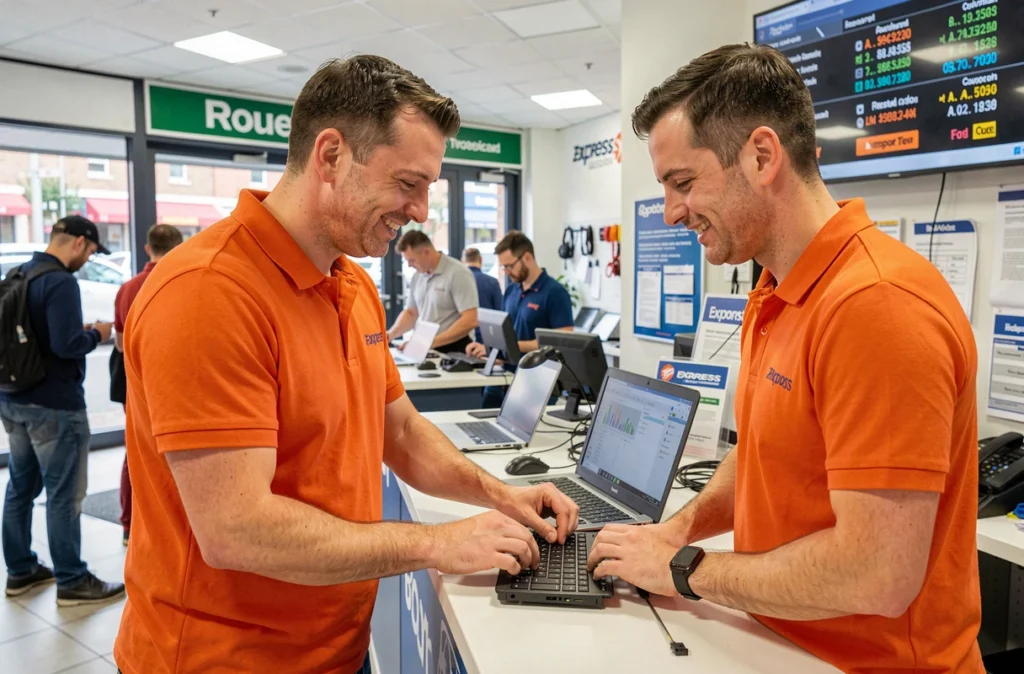 Technicien effectuant une réparation rapide d'ordinateur portable au comptoir de PC Express à Rouen