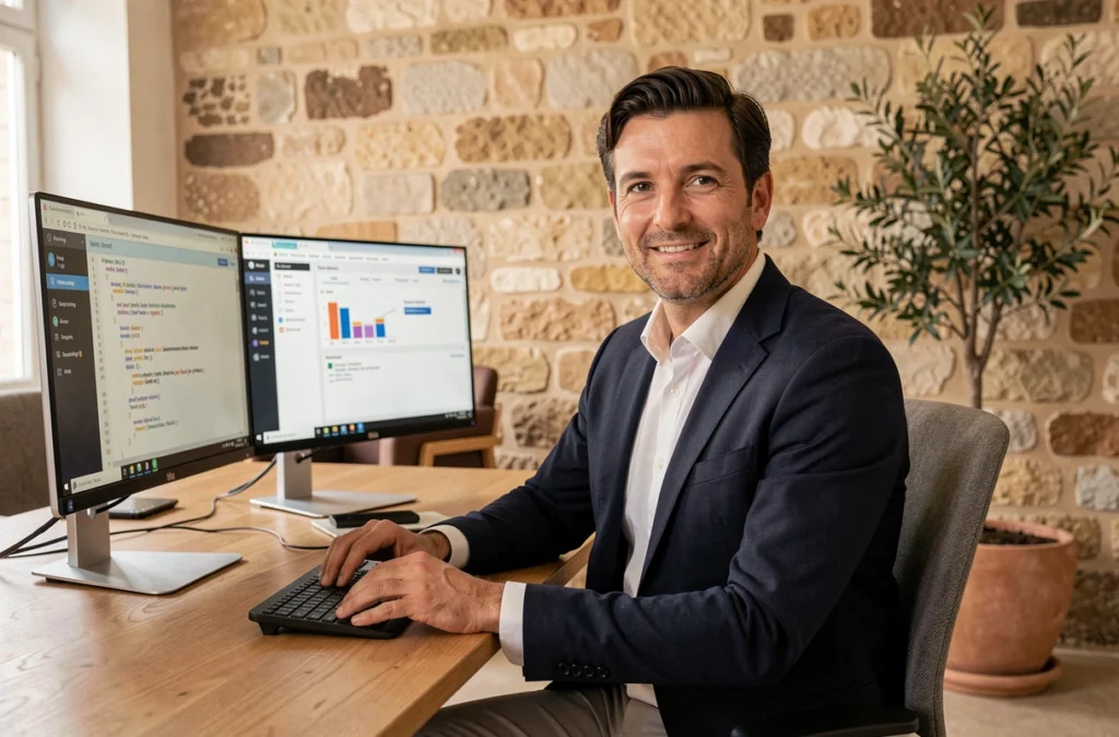 Consultant de l'ESN Peaks Méditerranée travaillant sur des projets de conseil IT dans un bureau moderne à Aix-en-Provence