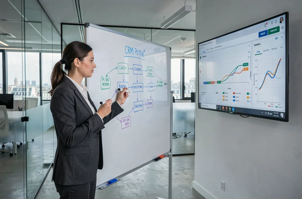Analyste de Rivolt modélisant un workflow d'automatisation des ventes sur un tableau en verre dans un bureau parisien moderne