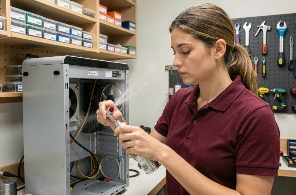 Technicienne nettoyant l'intérieur d'un ordinateur dans l'atelier Sidile à Bihorel