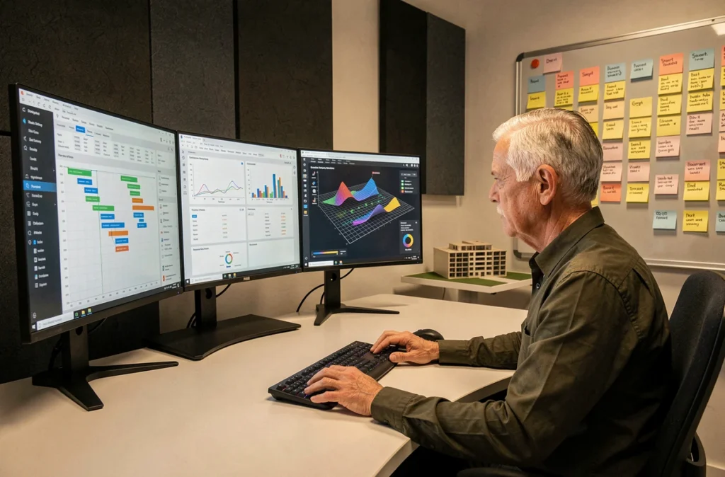 Chef de projet de Stellar Projects supervisant des tableaux de bord complexes d'IA et de développement digital sur trois moniteurs