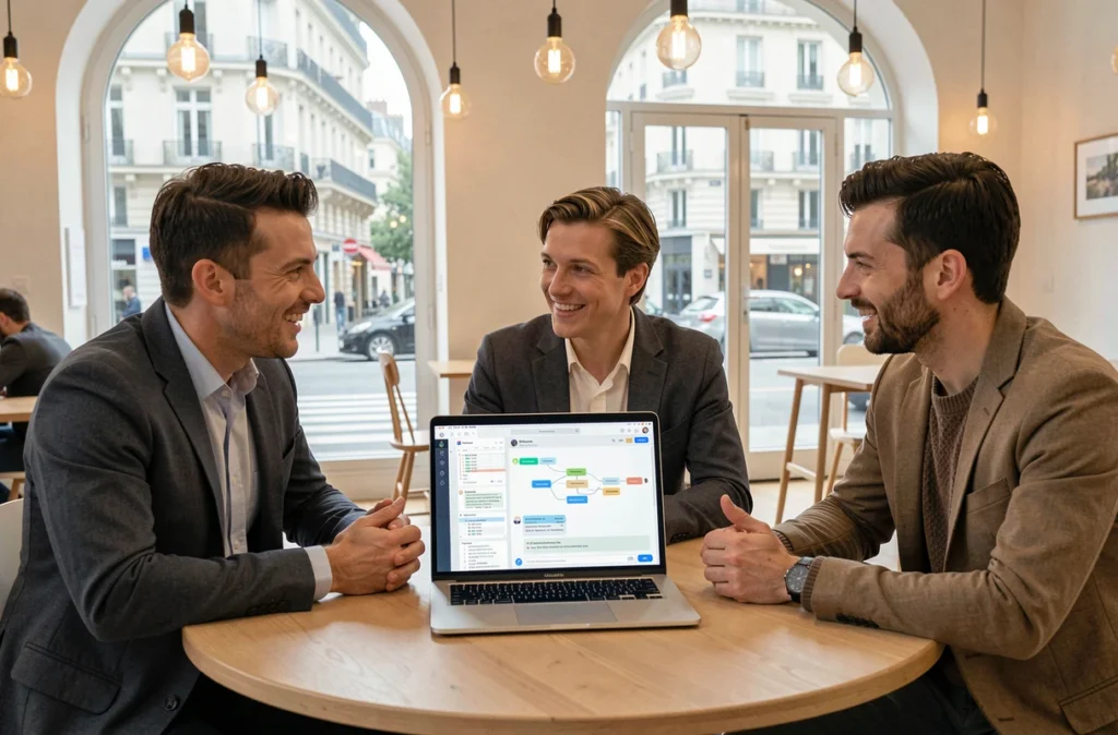 Équipe de Tandem discutant d'agents intelligents et d'IA générative autour d'un laptop dans un espace de co-working parisien