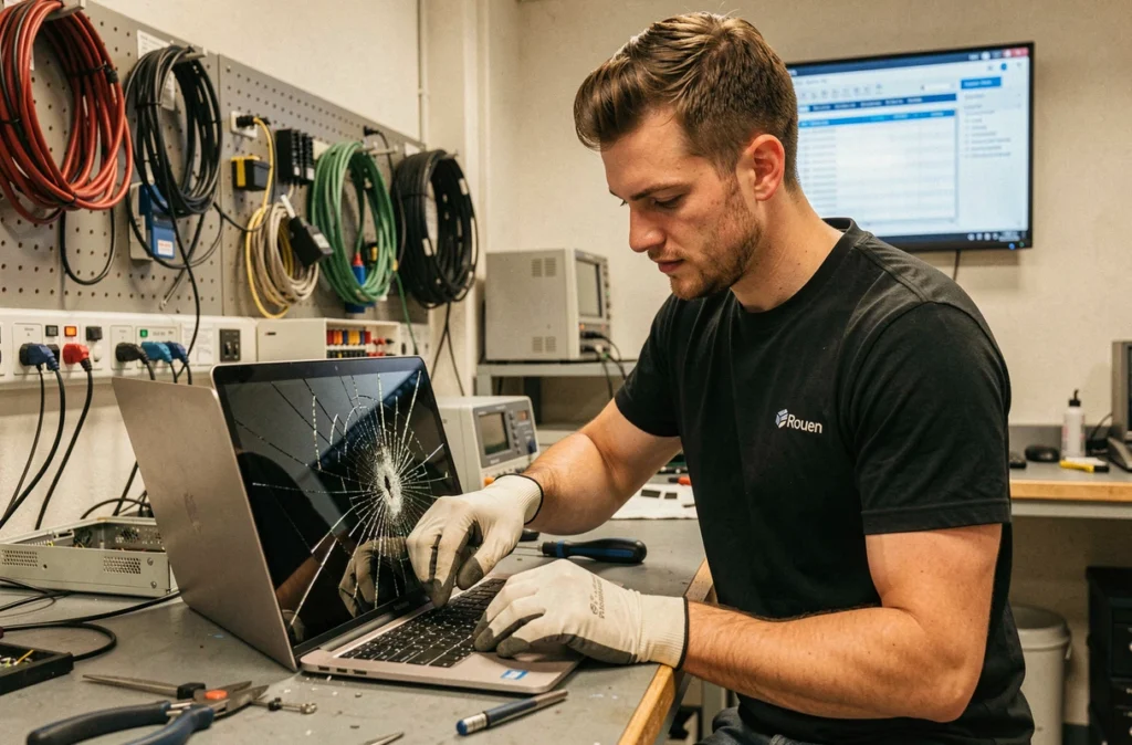 Technicien remplaçant l'écran d'un ordinateur portable dans l'atelier Technofix à Rouen