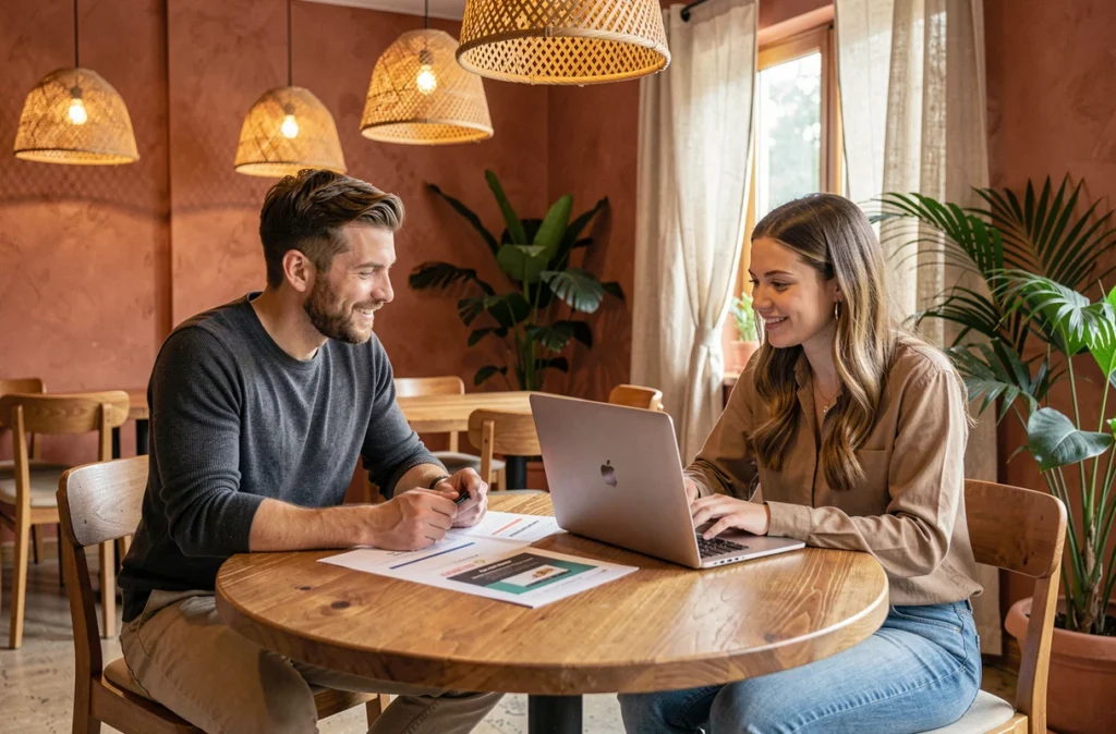 Deux membres de l'équipe Tribu and Co collaborant autour de maquettes imprimées dans un espace de co-working chaleureux