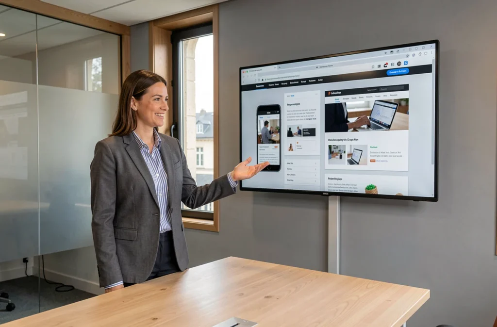 Chef de projet de l'agence Webuz présentant une interface responsive sur grand écran dans une salle de réunion moderne