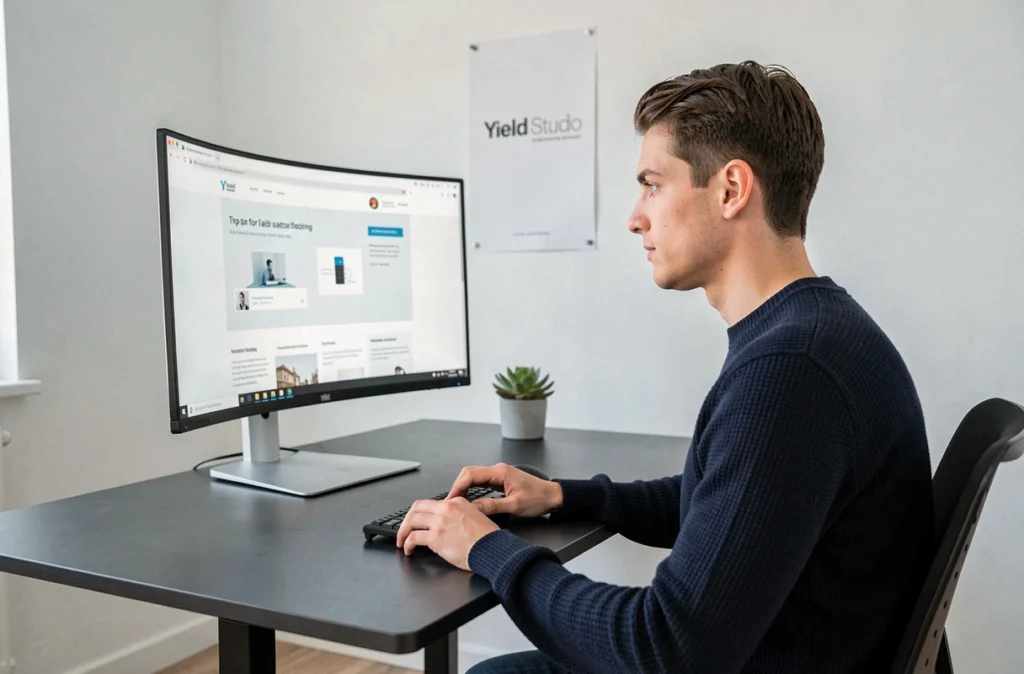 Développeur de Yield Studio concentré sur la conception d'un site web dans un bureau épuré et moderne