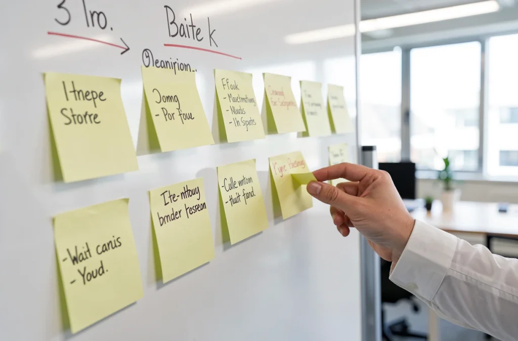 Tableau blanc avec notes adhésives organisées en étapes de stratégie